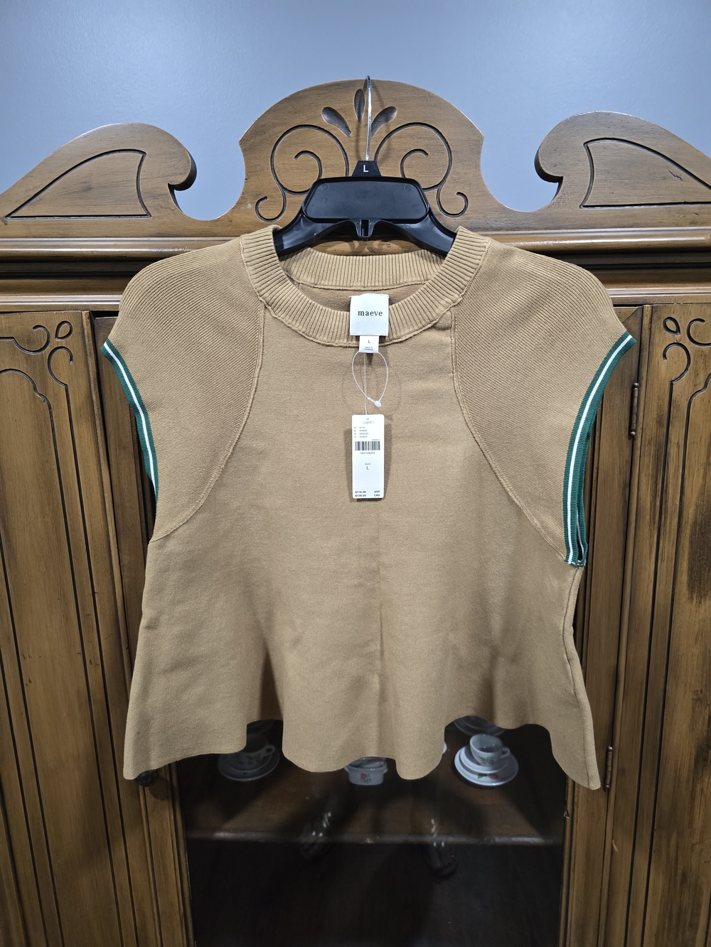 Maeve Camel Cropped Knit Top with Green Trim